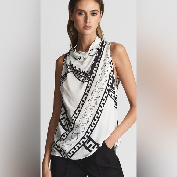 Reiss | Kaia sleeveless cowl neck printed blouse Women’s size 6 career business - Picture 2 of 13